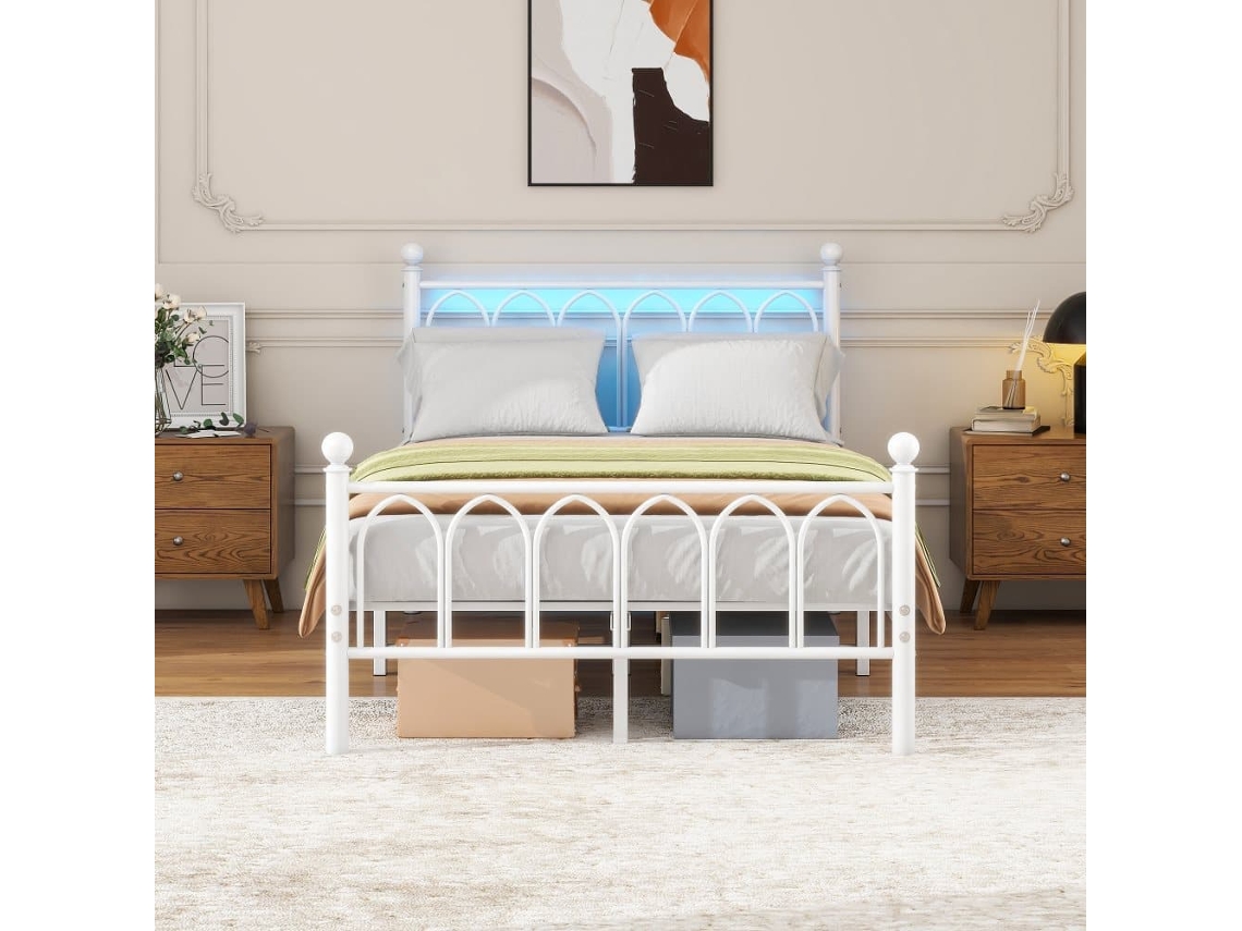 Cama Metálica 120x200 - Cabeceira E Pés Vintage, Led, Usb, Arrumação, Sem Estrado - Branco