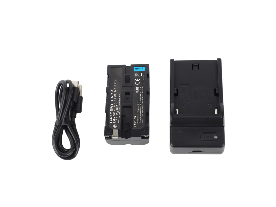 Kit de bateria e carregador NP-F550/F570 para câmeras Sony, 7,2 V, 2600 mAh, recarregável com cabo USB.