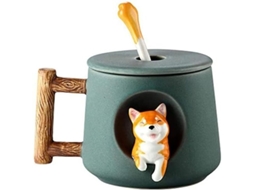 Taza De Cerámica 3d De Perro Lindo Shiba Inu Con Tapa Y Cuchara Para Café Y Té 420ml