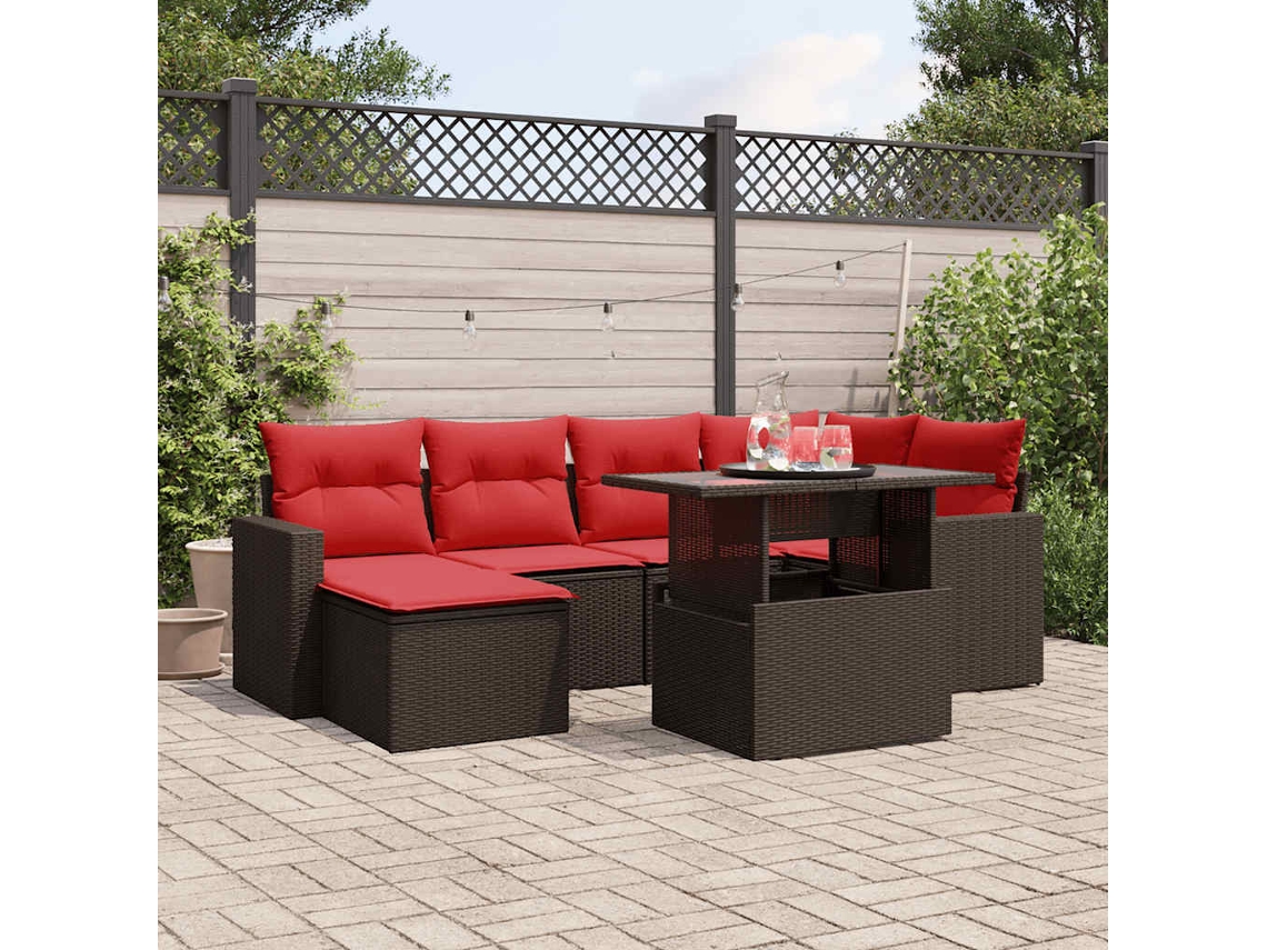 Vidaxl Conjunto De Sofá De Jardim Com 7 Peças E Almofadas Em Rattan Sintético Marrom