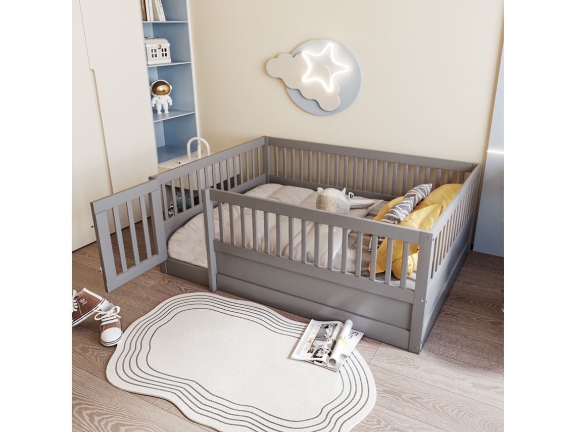 Cama Infantil 140x200cm Madeira Com Grade Porta Cinza