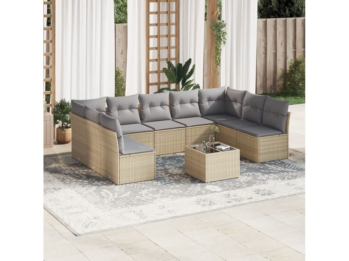Vidaxl 10 Pcs Conjunto De Sofás P/ Jardim Com Almofadões Vime Pe Bege