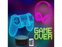Luminária 3d Game Over, Controle de Jogo e Fones Ouvido, Luz Noturna 3d com Controle Remoto, 16 Cores Que Mudam BRILVIBERA (3 Padrões)
