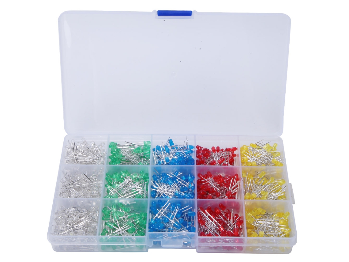 Hkj kit de 1000 Diodos Emisores de Luz Led de 3mm com Cores Variadas: Vermelho, Amarelo, Azul, Verde, Branco