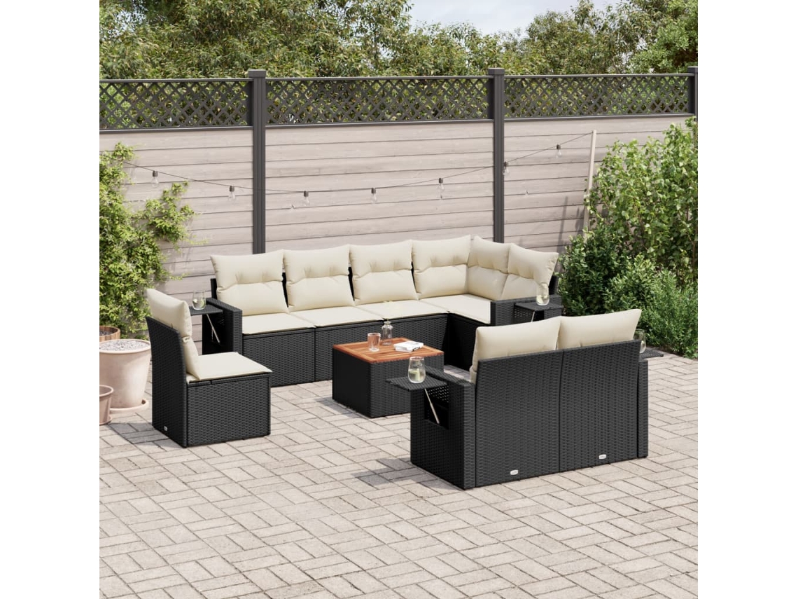 Vidaxl 9 Pcs Conjunto De Sofás P/ Jardim C/ Almofadões Vime Pe Preto