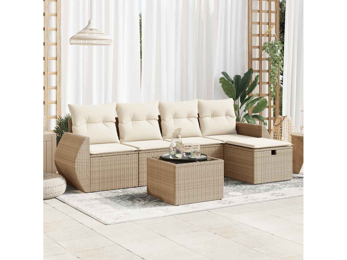 Vidaxl 6 Pcs Conjunto De Sofás P/ Jardim Com Almofadões Vime Pe Bege