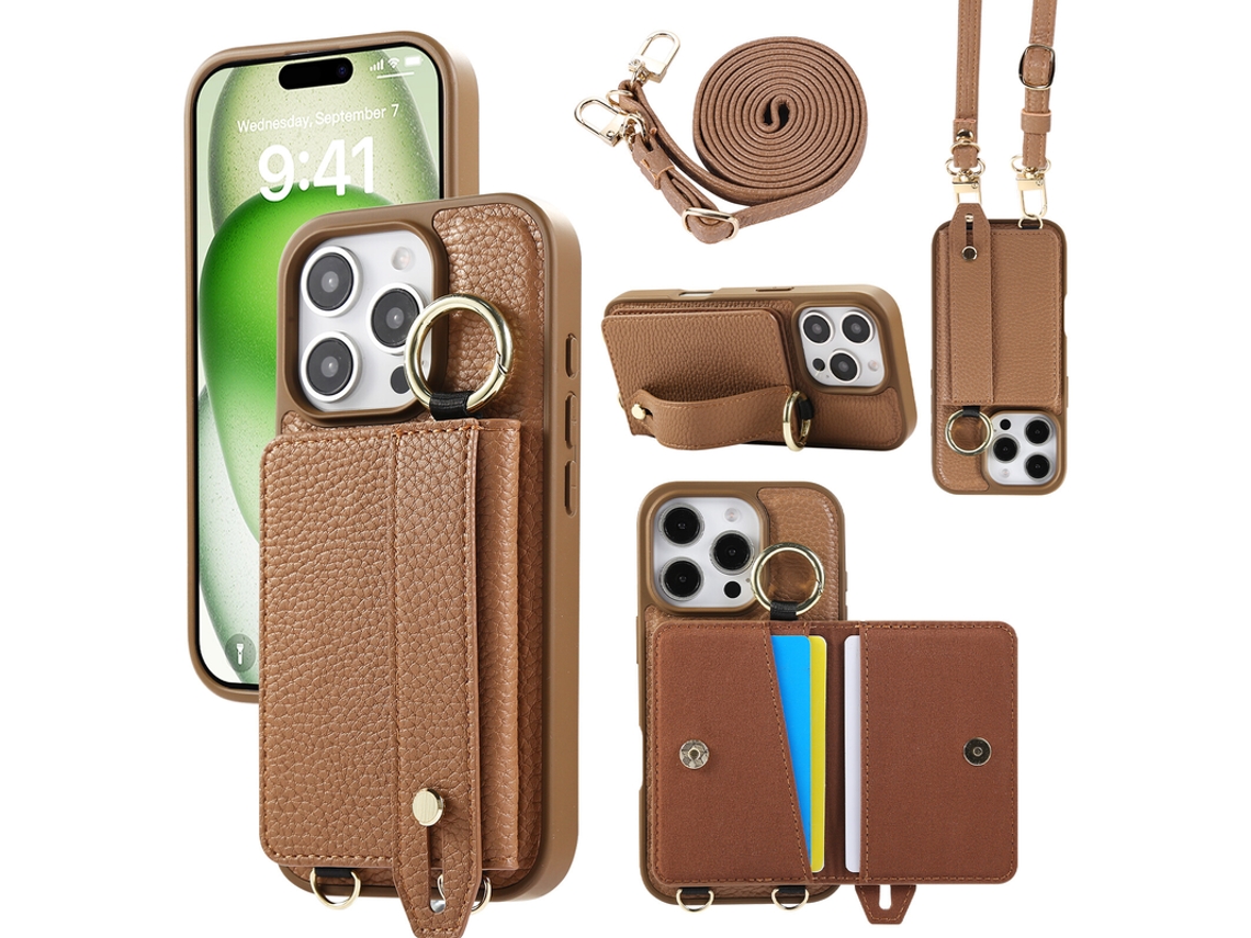 Capa Para Iphone 16 Pro Max Em Couro Pu Com Carteira E Alça Castanho Czhhmart