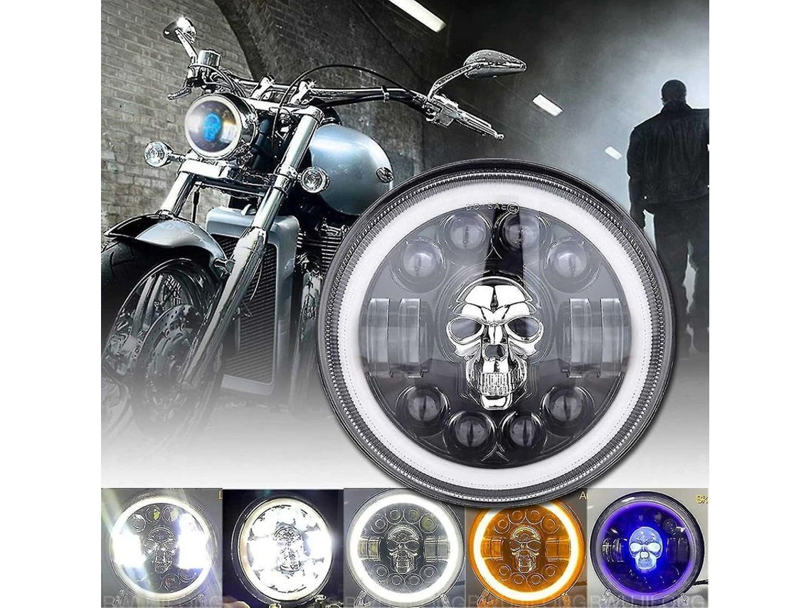 Farol De Moto Skull Led 7 Polegadas Para Harley Davidson Com Olho De Anjo Rgb