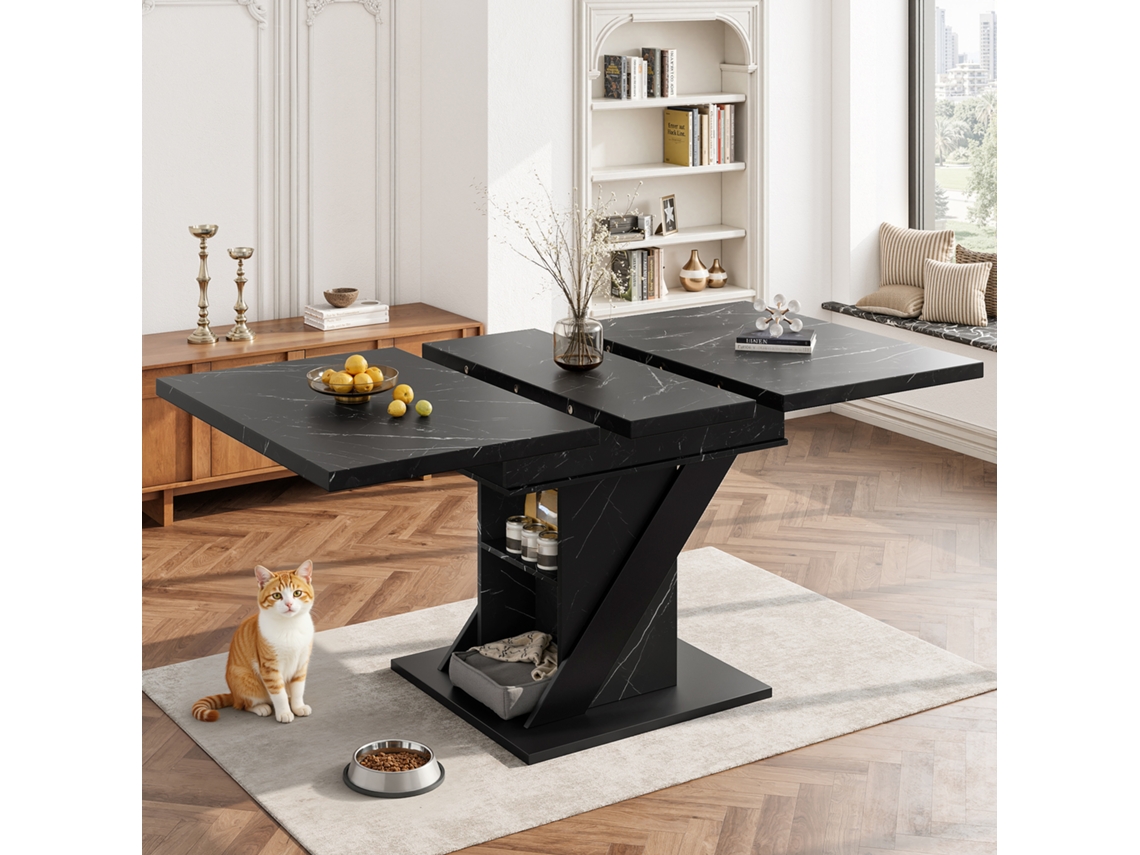 Mesa de Jantar 110/140x80 cm com Efeito Mármore Preto NOVELA
