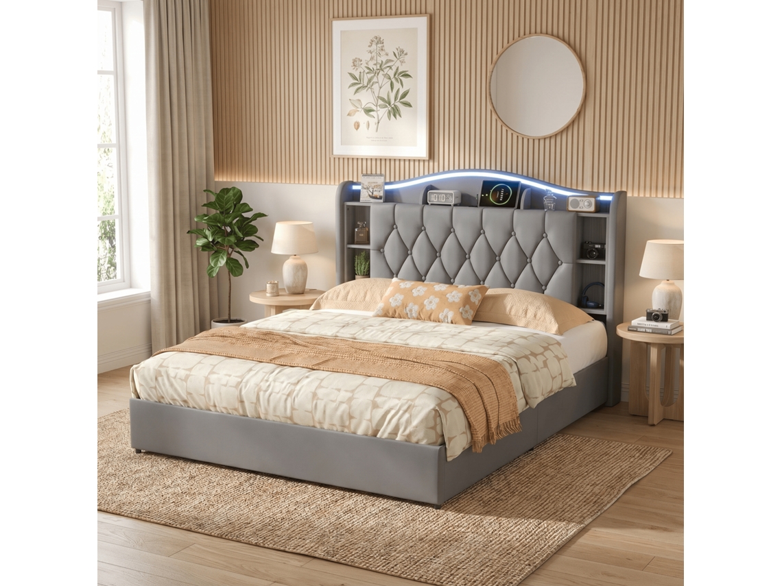 Cama Com Arrumação 160x200 Cm, Led E Carregamento Usb, Cabeceira Com Prateleiras, Sommier Rebatível, Estrutura Estofada Em Veludo