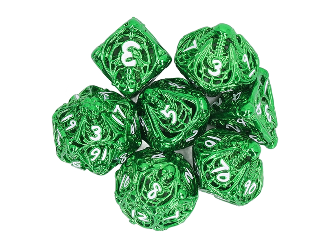 Ats set de 7 Dados Metálicos Huecos Poliédricos para Juegos de Mesa Y Rol, Color Verde, Ideal para Fiestas Y Adultos