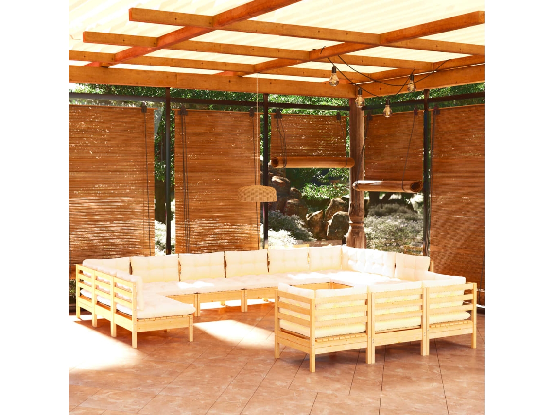 Vidaxl 13 Pcs Conjunto Lounge Jardim C/ Almofadões Cor Creme Pinho
