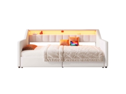 Sofá cama Multifuncional 90x200 Cm com Usb, tipo c, led, 2 Gavetas e Bolsos de Armazenamento, bege Sem Colchão PAPRIKA