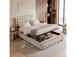 Cama acolchoada de veludo 140x190 cm, ripas, luz LED, USB, 4 gavetas, adultos e adolescentes | ROSAHQNDA