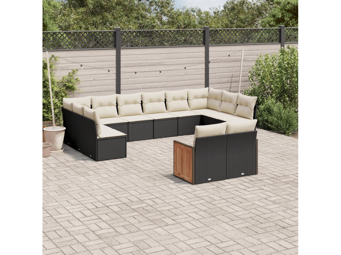Conjunto de Sofá de Jardim 12 Peças C/ Almofadões Vime Pe Preto Dkd Home Decor