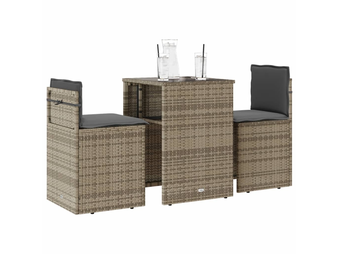 Vidaxl 3 Pcs Conjunto Bistrô Com Almofadões Vime Pe Bege