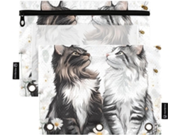 Porta Canetas Com Desenho De Gato Maine Coon, Fecho Transparente, Bolsos Espaçosos, 3 Furos Guardar Materiais
