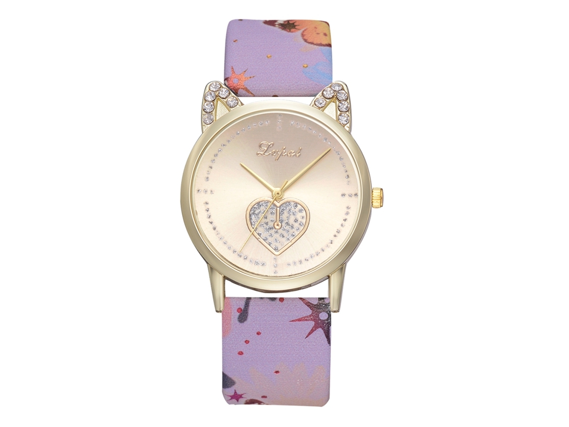 Relógio de Pulso Feminino de Quartzo com Pulseira de Couro Pu Estampa Floral e Esfera Coração com Strass