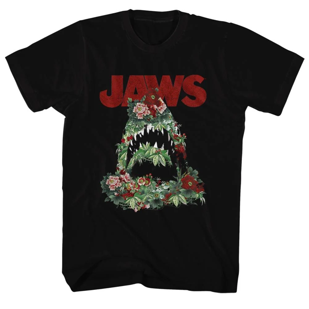 Rockinstone Jaws Movie Floral Shark Black Adult T-shirt Size:xxxl