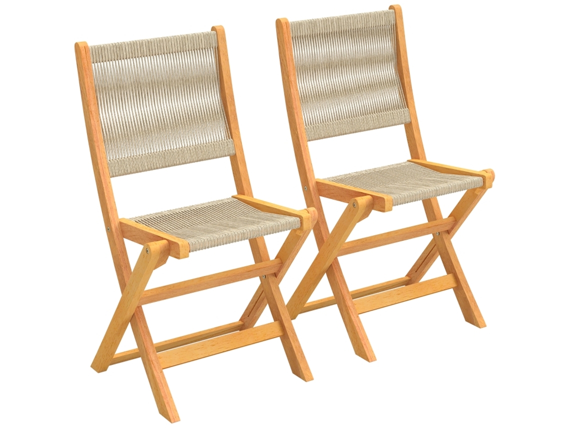 Conjunto De 2 Cadeiras Dobráveis De Jardim Em Rattan Pe E Madeira De Acácia, Suporta Até 160 Kg, Cor Bege. Ideal Para Exteriores.