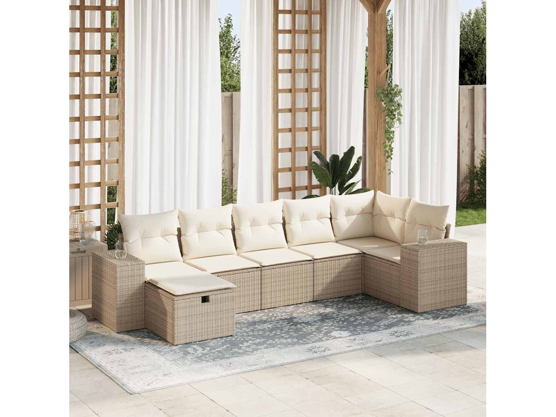 Vidaxl 7 Pcs Conjunto De Sofás P/ Jardim Com Almofadões Vime Pe Bege