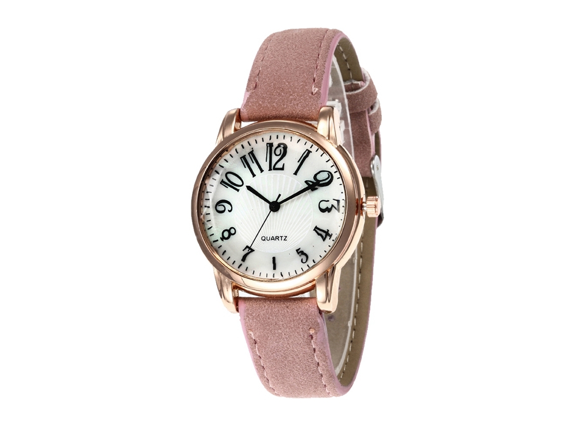 Relógio de Pulso Feminino de Moda com Pulseira de Couro e Mostrador Redondo Rosa