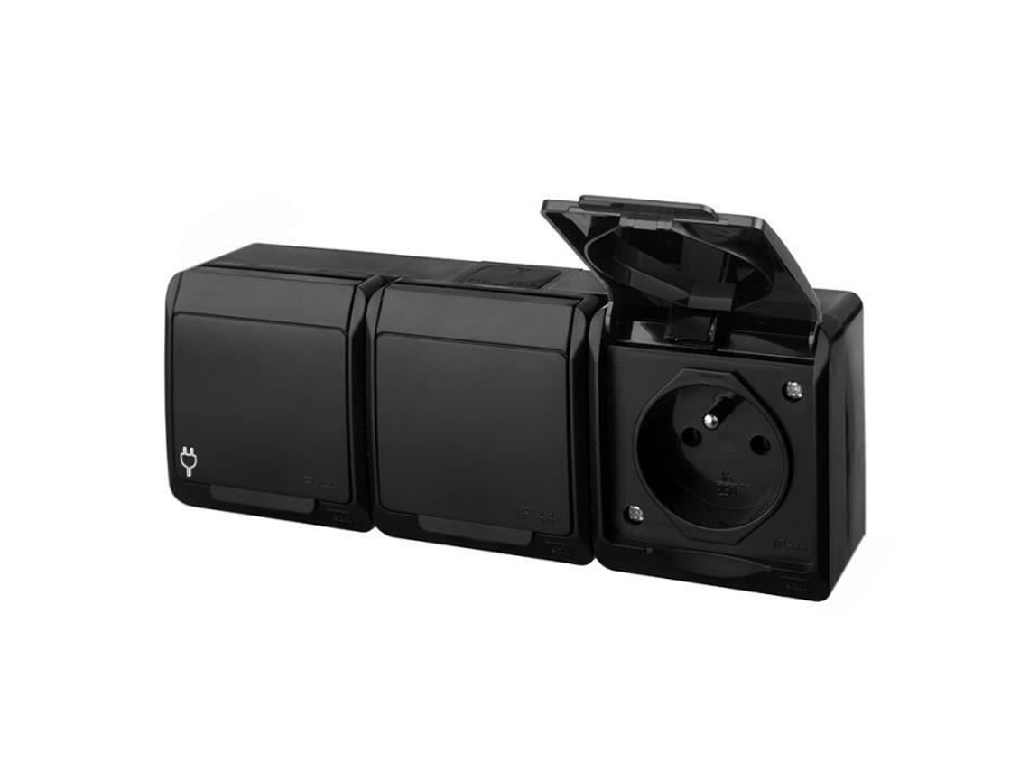 Tomada Saliente Tripla Impermeável Ip44 2Pe 16A 250V Preta Hermes