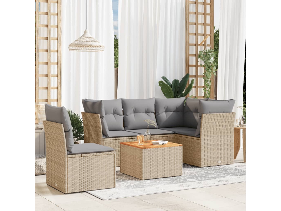 Vidaxl 6 Pcs Conj. Sofás Jardim C/ Almofadões Vime Pe Bege Misturado