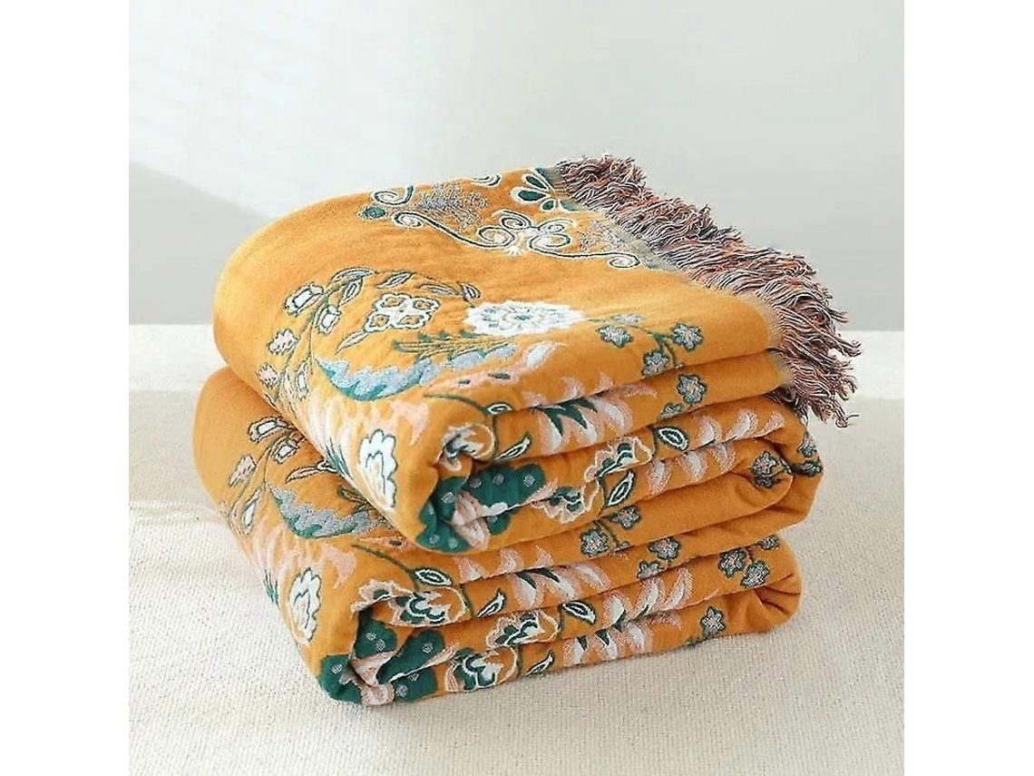 Manta De Linho 100% Algodão Estilo Japonês Floral Anti-pilling Portátil Para Picnic Viagem Lar Hotel Tamanhos Vários Amarelo