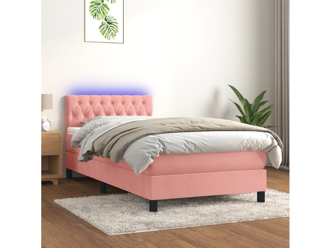 Vidaxl Cama Box Spring C/ Colchão/led 90x190 Cm Veludo Rosa