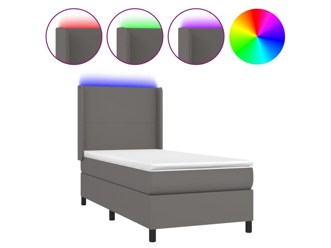 Cama Box Spring com Colchão e Led Couro Artificial Cinza MAISON EXCLUSIVE (90x190 cm)