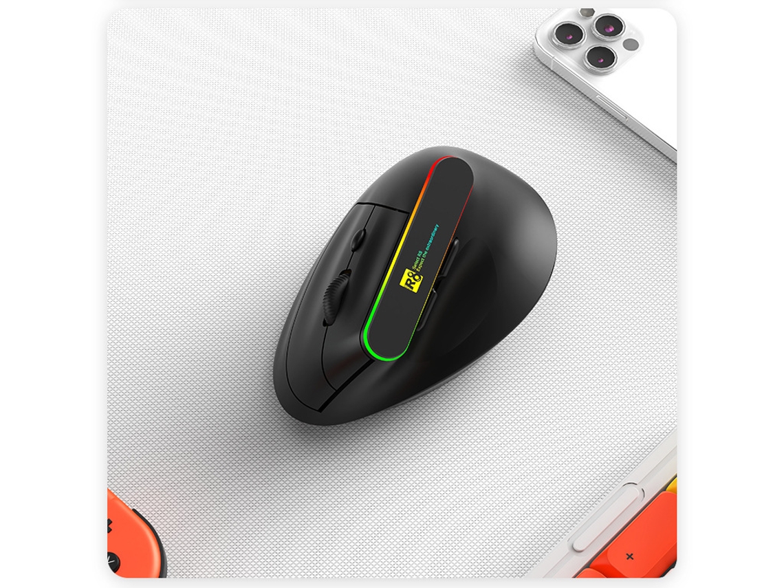 Rato Vertical Ergonómico Rgb De Modo Duplo, 2.4g Sem Fios E Recarregável Para Pc, Portátil E Desktop Preto Yizhood