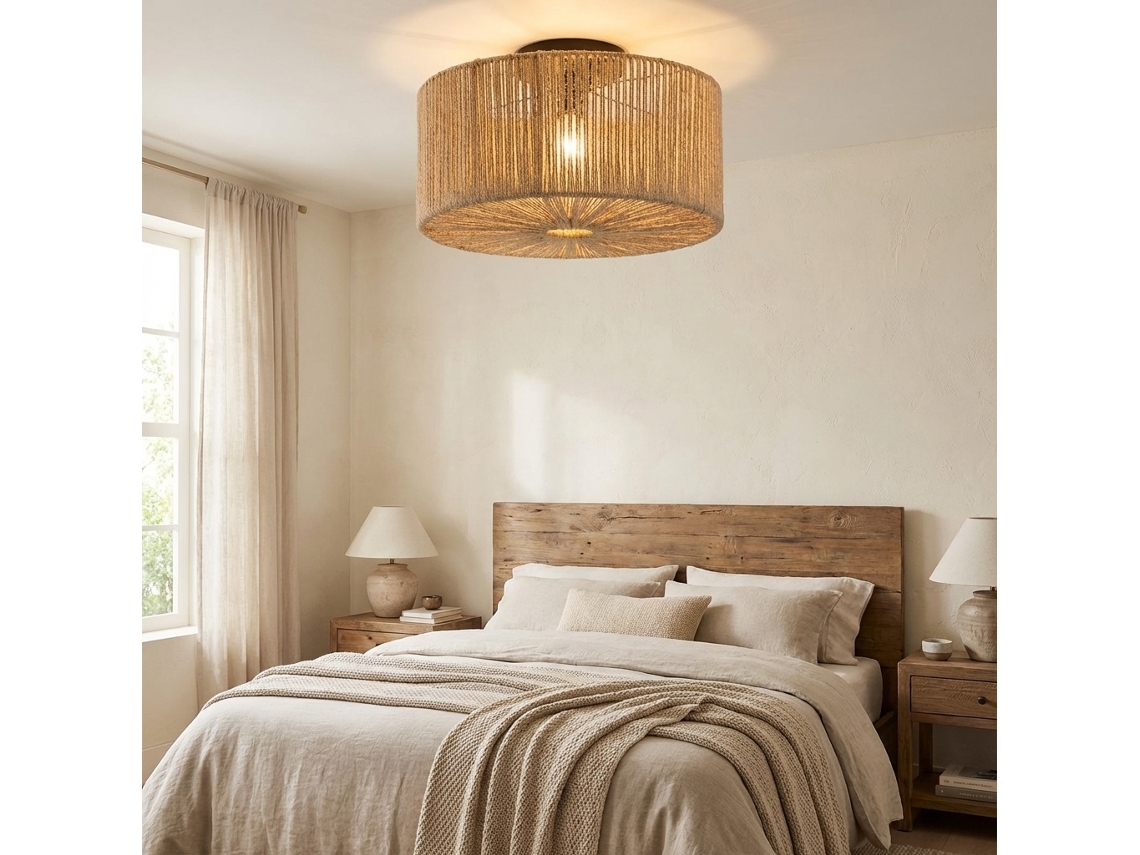 Plafon Ø40 Cm Em Corda De Juta Natural, Design Artesanal, Estilo Rústico Boho, Para Sala, Quarto Ou Entrada