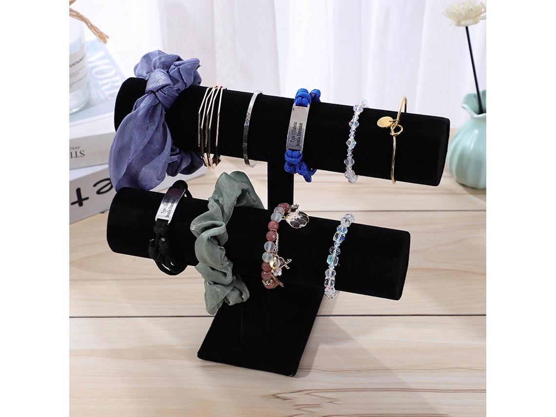 Suporte de Exibição de Pulseiras em Preto com Duas Fileiras para Pulseiras, Scrunchies e Relógios