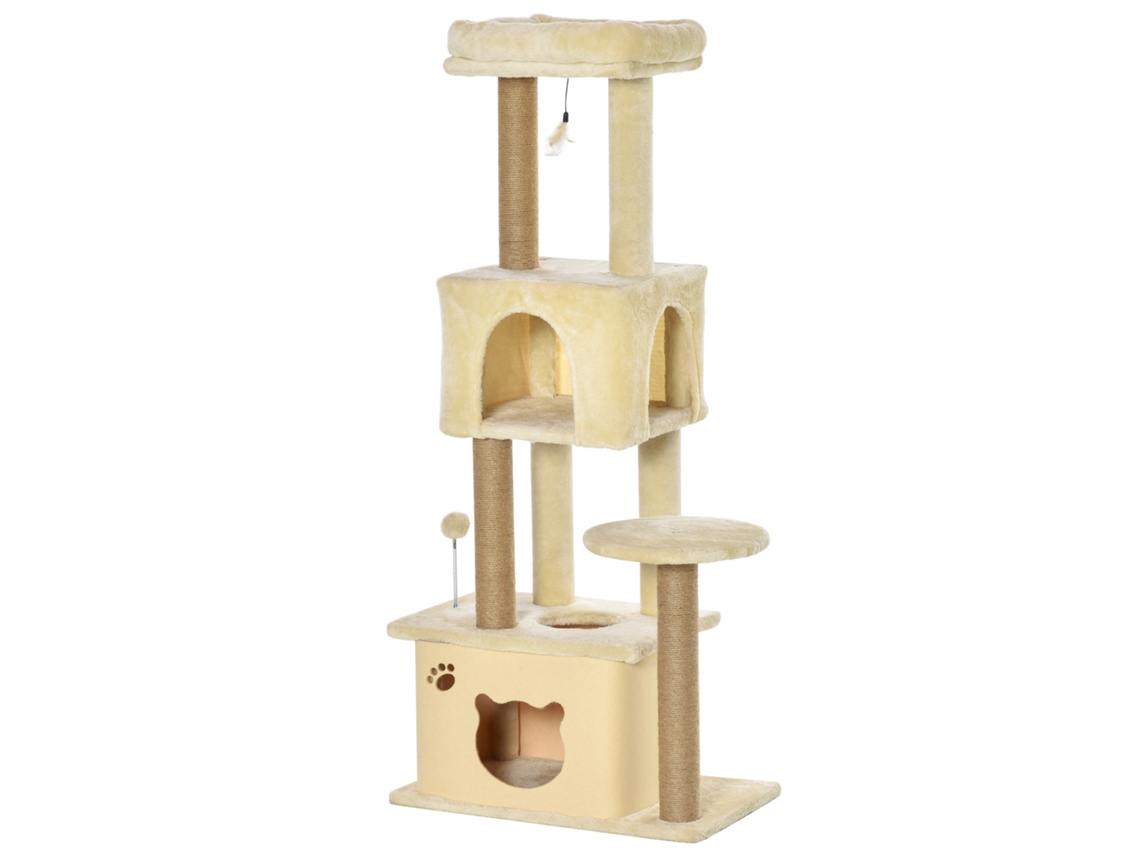 Árvore Arranhador Centro De Atividades Com Plataformas Cavernas De Felpa Suave Postes Para De Juta Bola Brinquedo Suspenso 60x34x136cm Bege