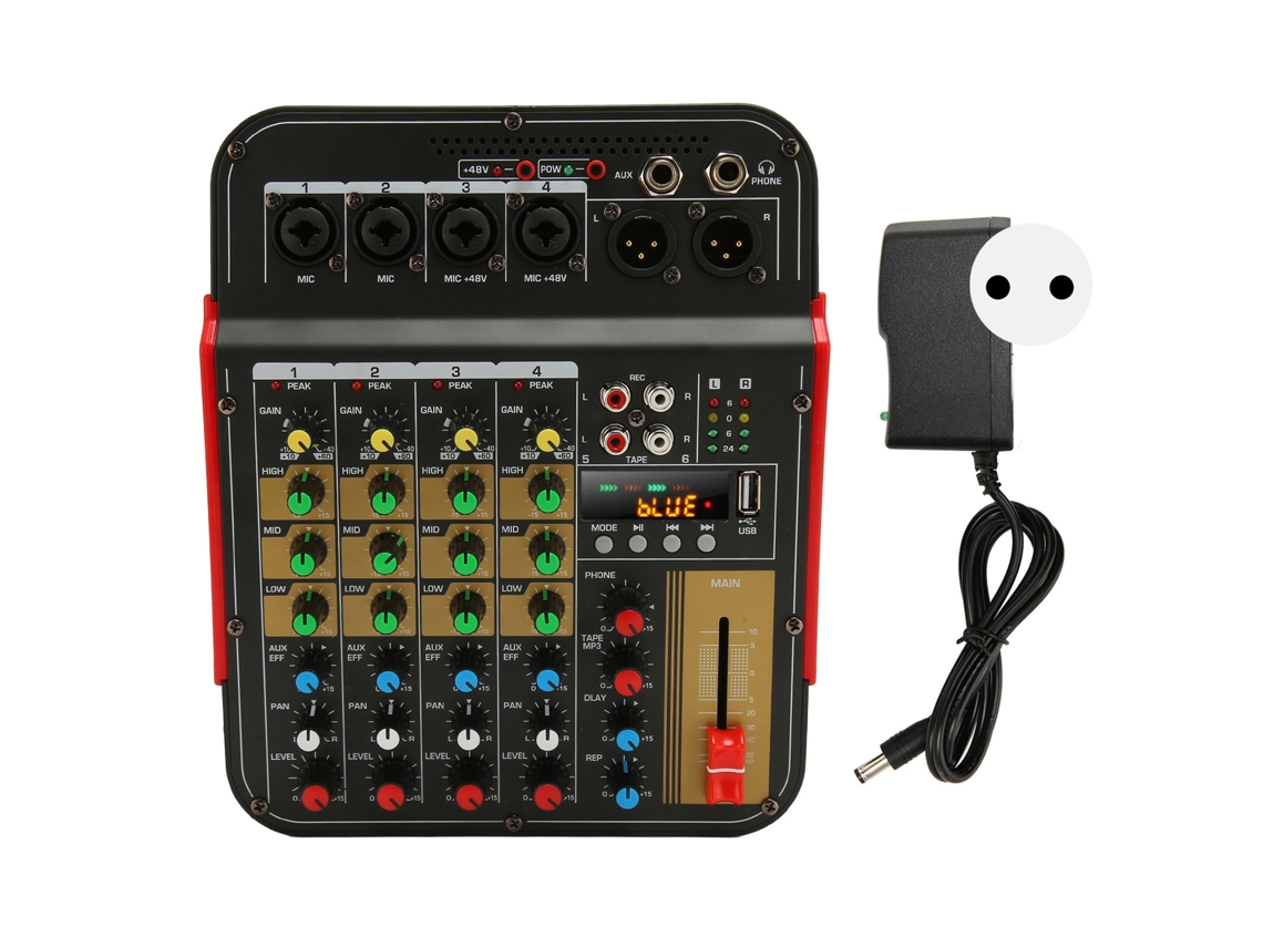 Mezclador Mp3 Usb Bluetooth Profesional de 4 Canales Con Control Dps Y Pantalla Digital. Enchufe Europeo.
