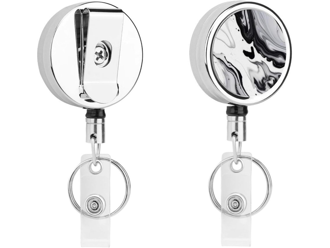 Clipe de cinto retrátil com mosquetão e chaveiro de argola, pintura em preto e branco, suporte retrátil de metal para crachás
