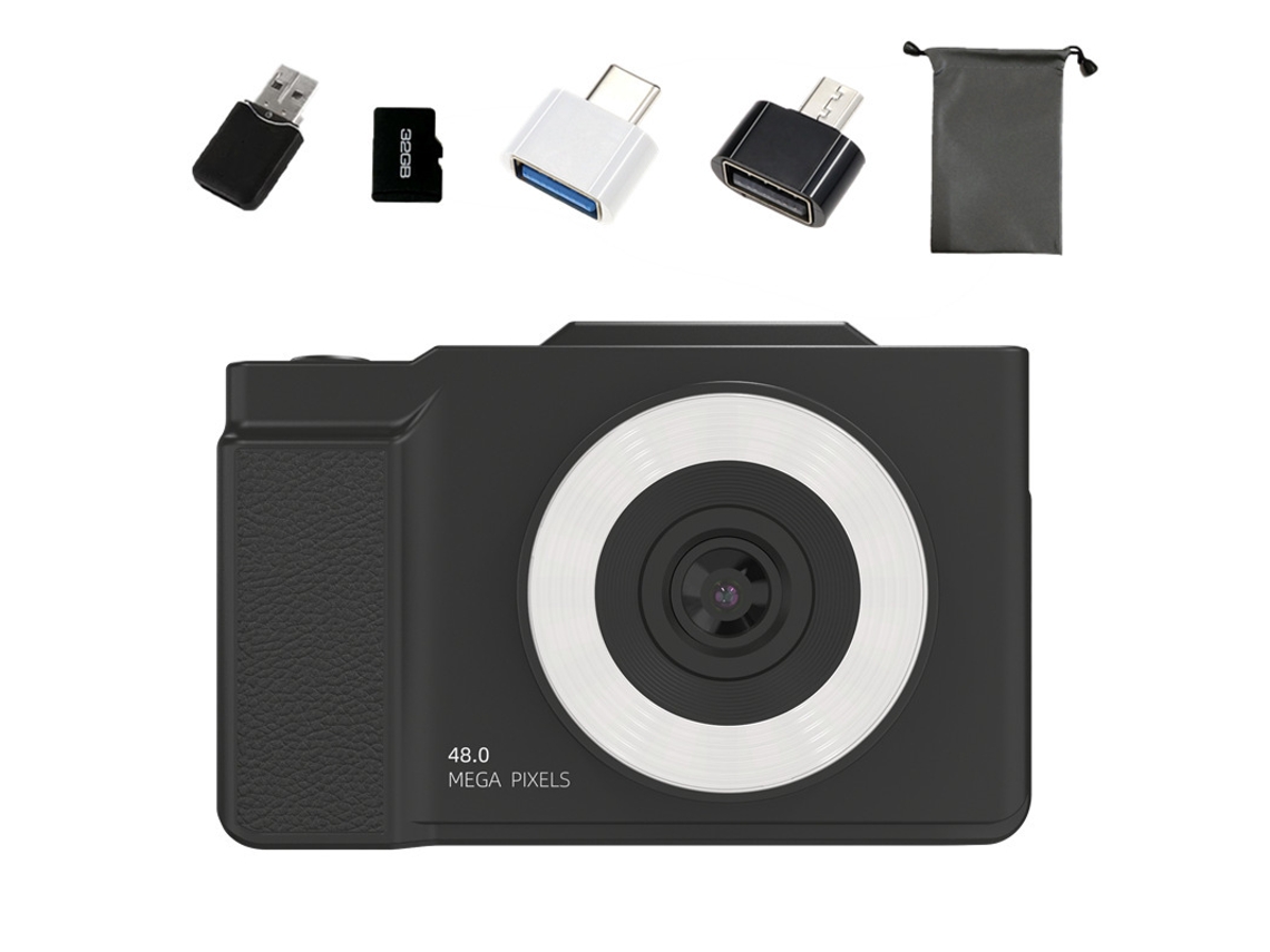 Câmera Hd 6400w Para Presentes Do Dia Das Crianças, Preta (tela Articulada) + Cartão De Memória De 32 Gb + Leitor De Cartão + 2 Adaptadores + Bolsa