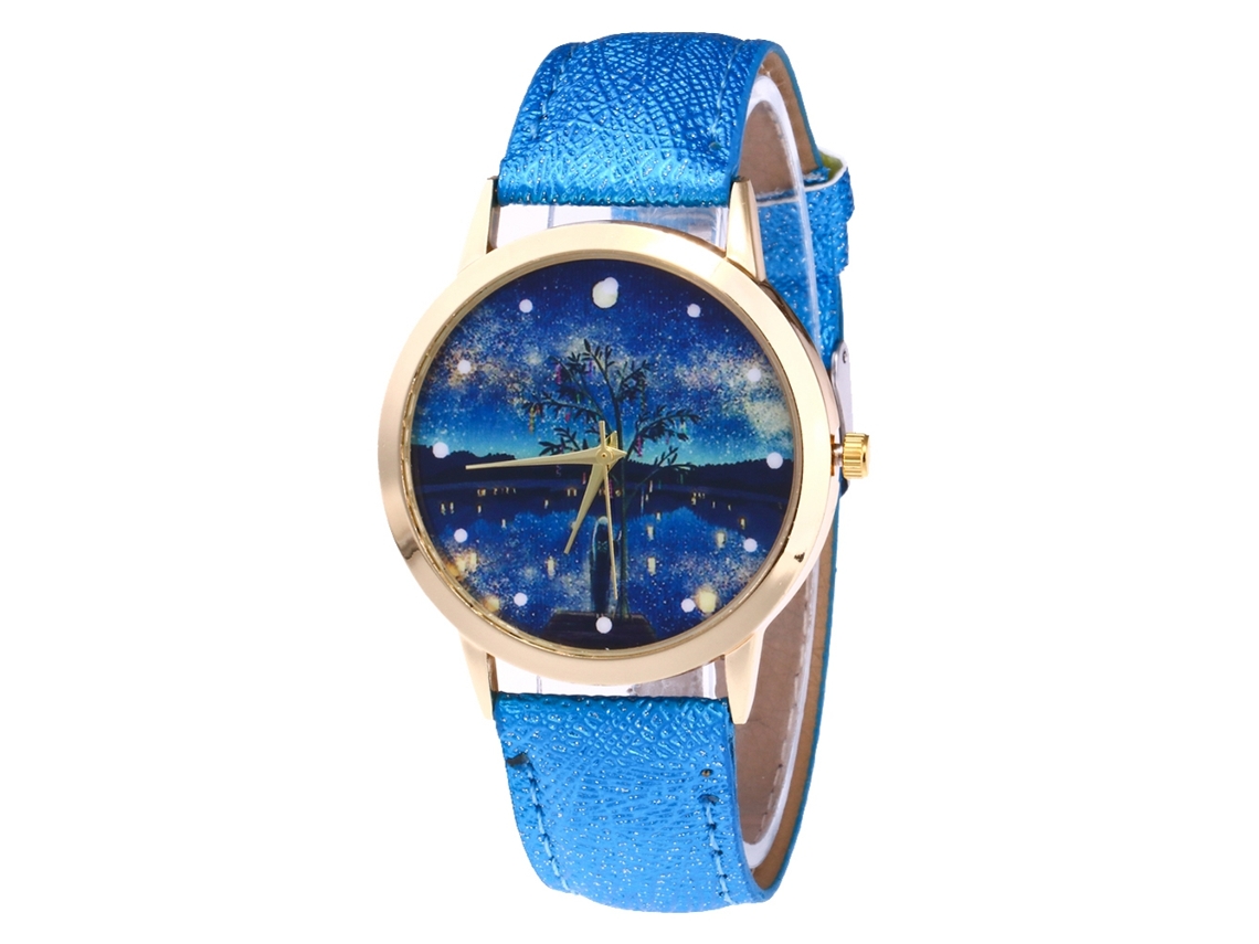 Reloj De Cuarzo Con Correa De Cuero Pu, Dial Redondo, Moda, Para Parejas (azul Real)
