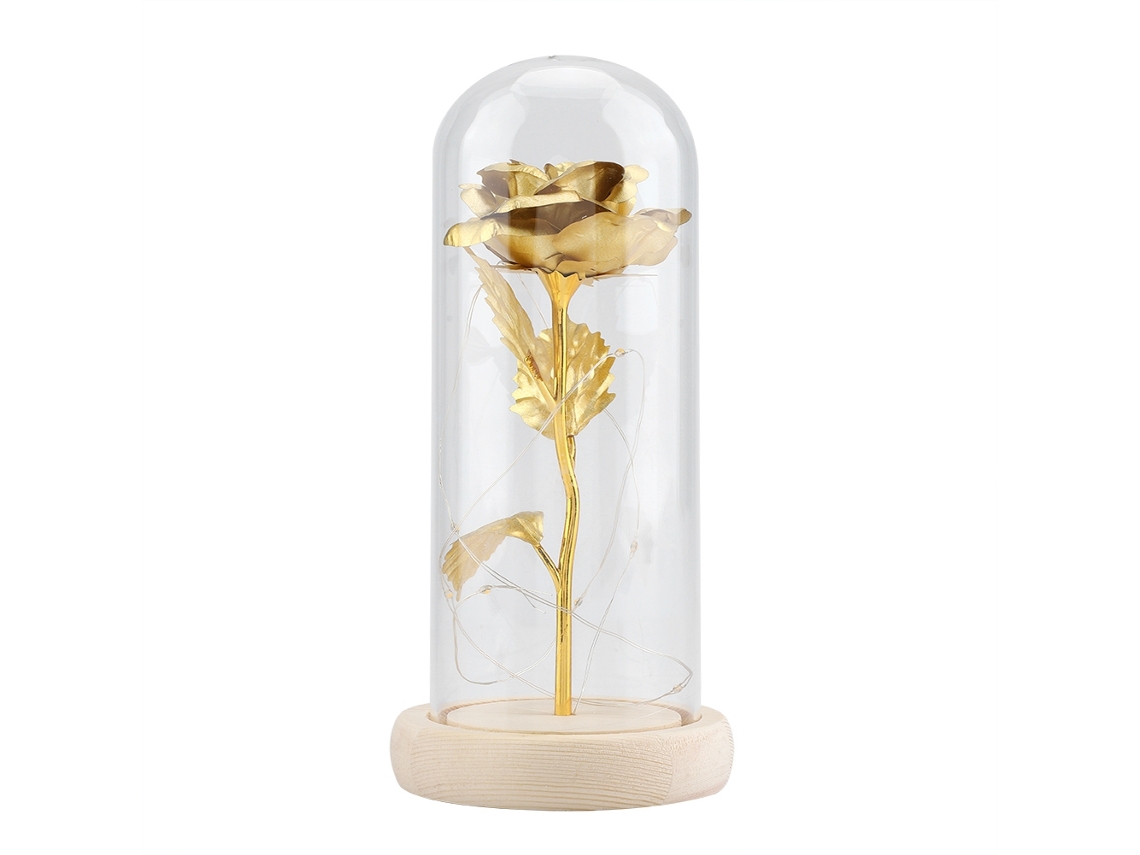 Rosa Preservada com Luz LED e Base de Madeira | S/MARCA