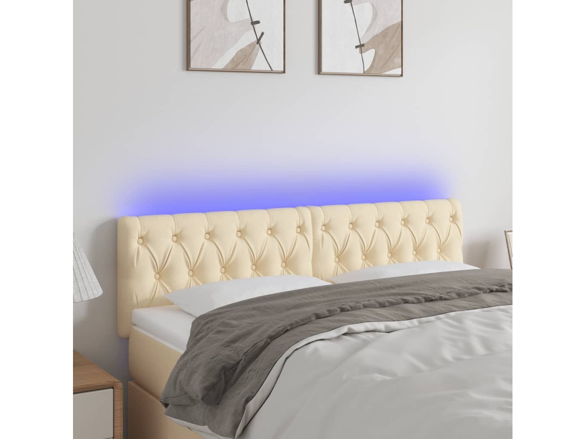 Cabecero con luces LED, tela, 144x7x78/88 cm, color crema