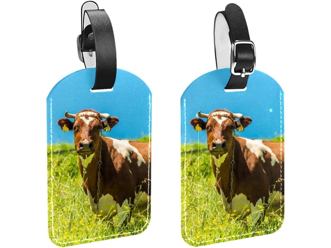 Conjunto De 2 Etiquetas Bagagem Em Imitação Couro Proteção Privacidade Vaca Fazenda Na Grama