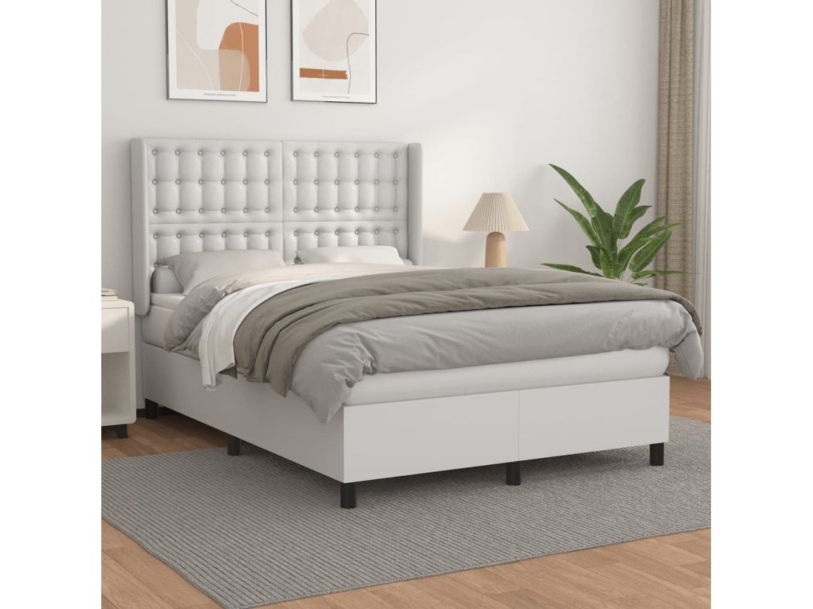 Vidaxl Cama Com Molas/colchão 140x200 Cm Couro Artificial Branco