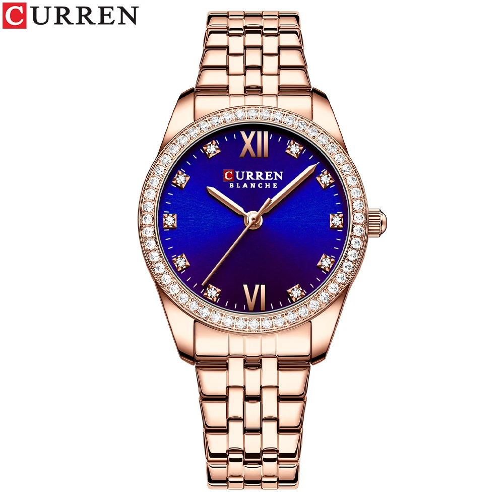 Relógio Feminino MDUG pulseira de aço em formato de coração, cravejado de diamantes (rosa azul)