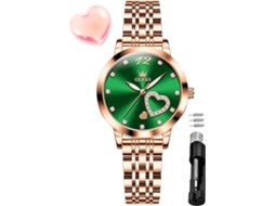 Lurelia Relógio Feminino, Movimento De Quartzo, Analógico, Luminoso, Detalhes Com Strass, Aço Inoxidável, Couro, Resistente À Água 30m, Verde, Dourado