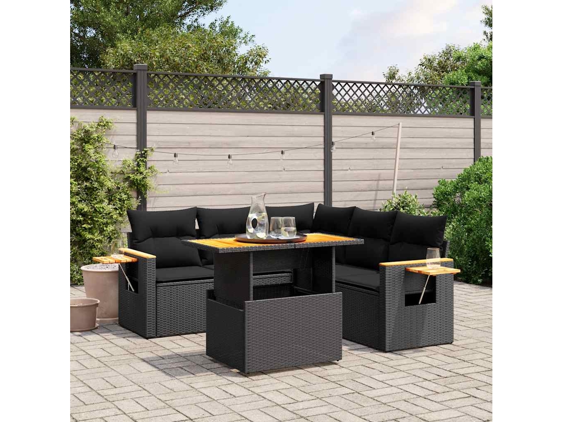 Vidaxl 6 Pcs Conjunto Sofás De Jardim C/ Almofadões Vime Pe Preto