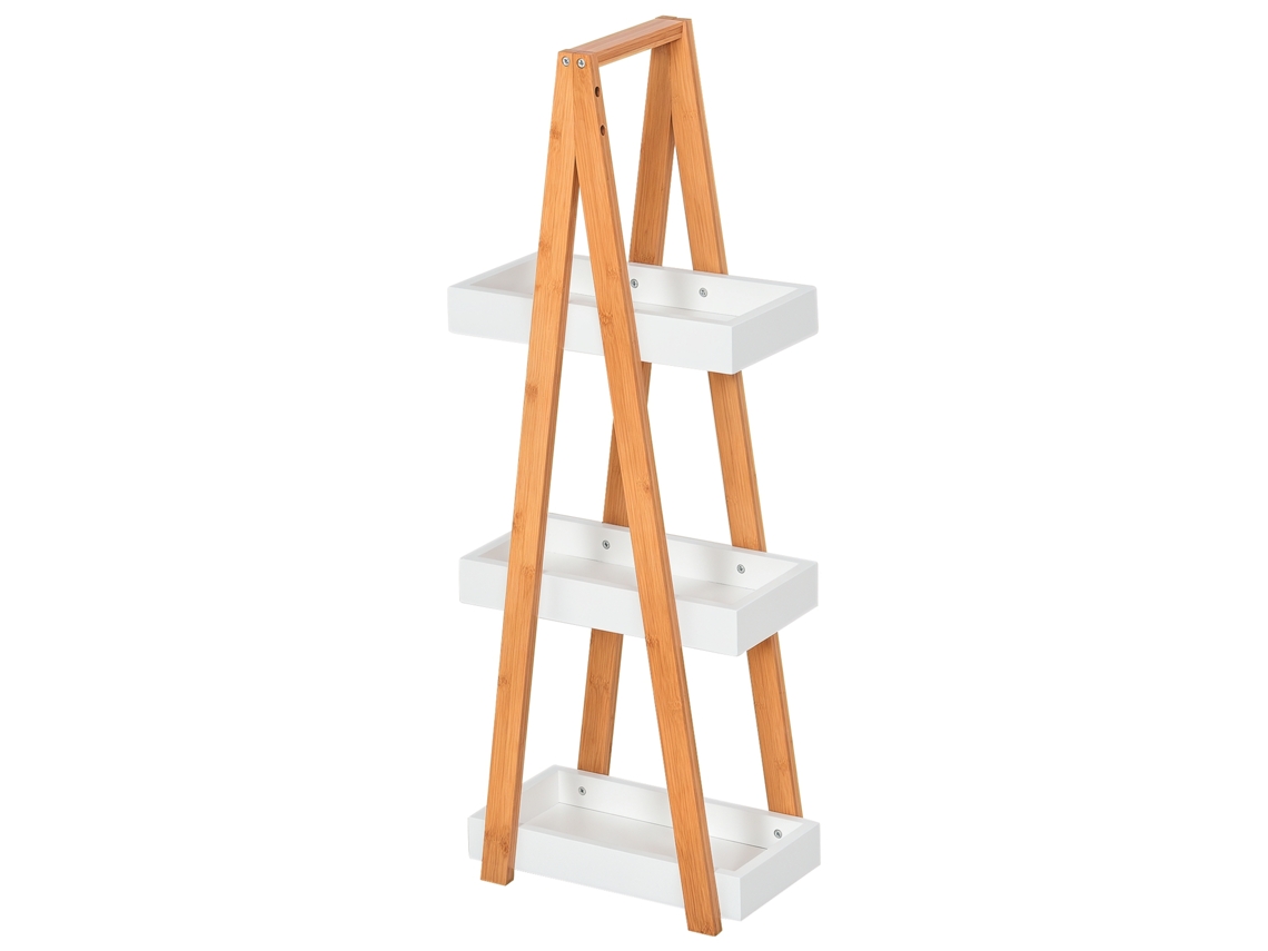 Prateleira de banheiro em MDF e bambu, formato pirâmide, branca, 30x18x81cm | S/MARCA