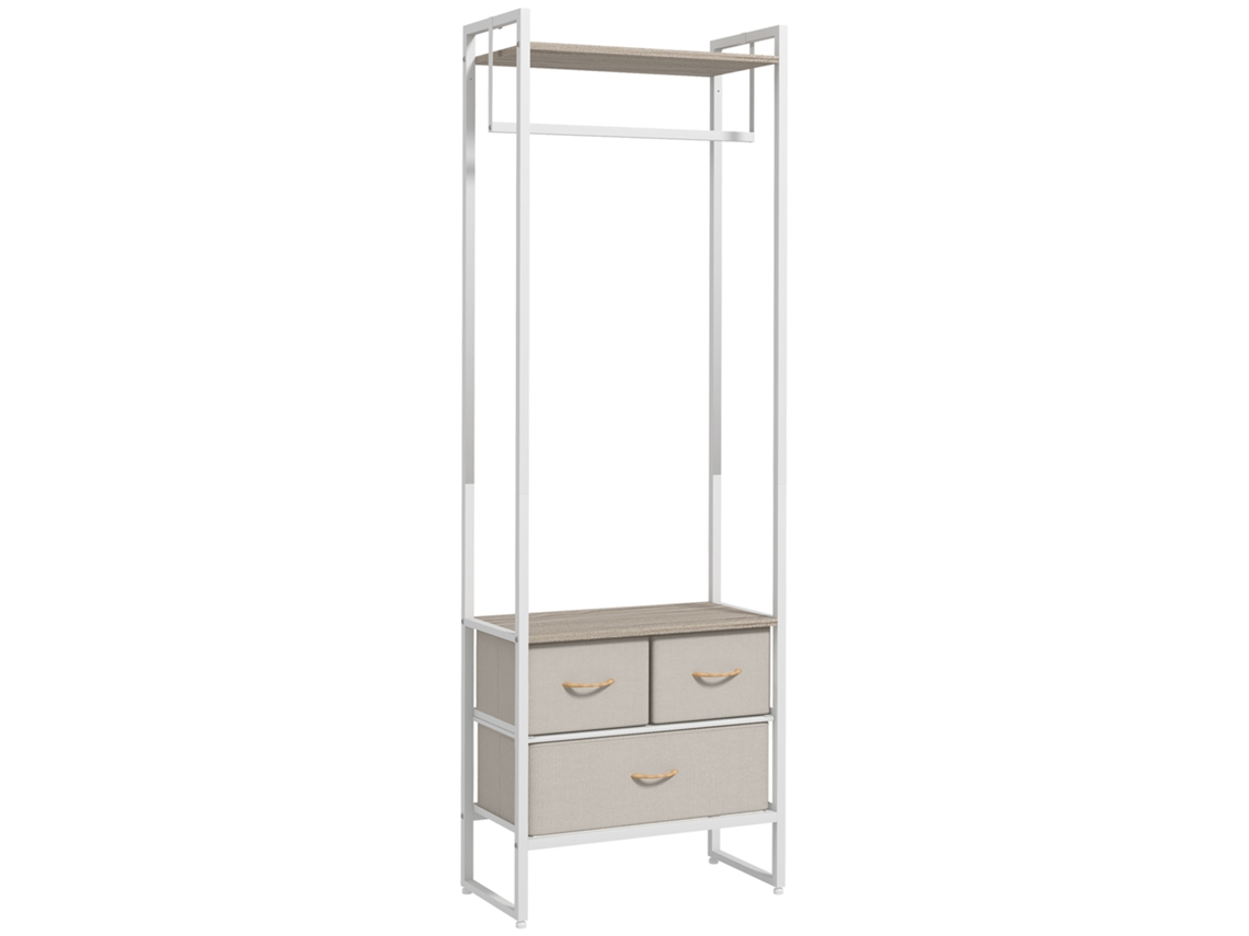 Suporte Cabides para com 3 Gavetas de Tecido Barra para Pendurar e Prateleira para Entrada Quarto 58,5x30x178 Cm Natural