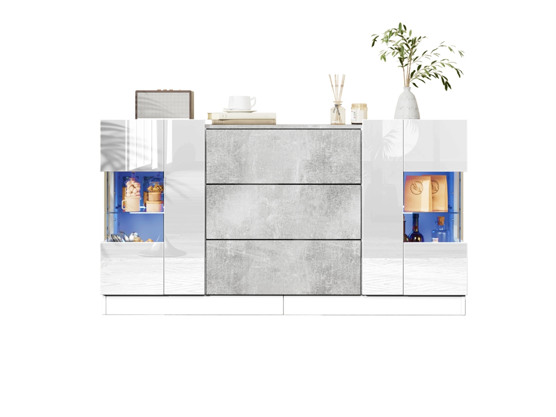 Aparador Elegante Com 2 Portas E 3 Gavetas - Frente Branca Brilhante E Visual Mármore Cinza, Iluminação Led Com 16 Cores, 140 X 35 X 75 Cm Cs