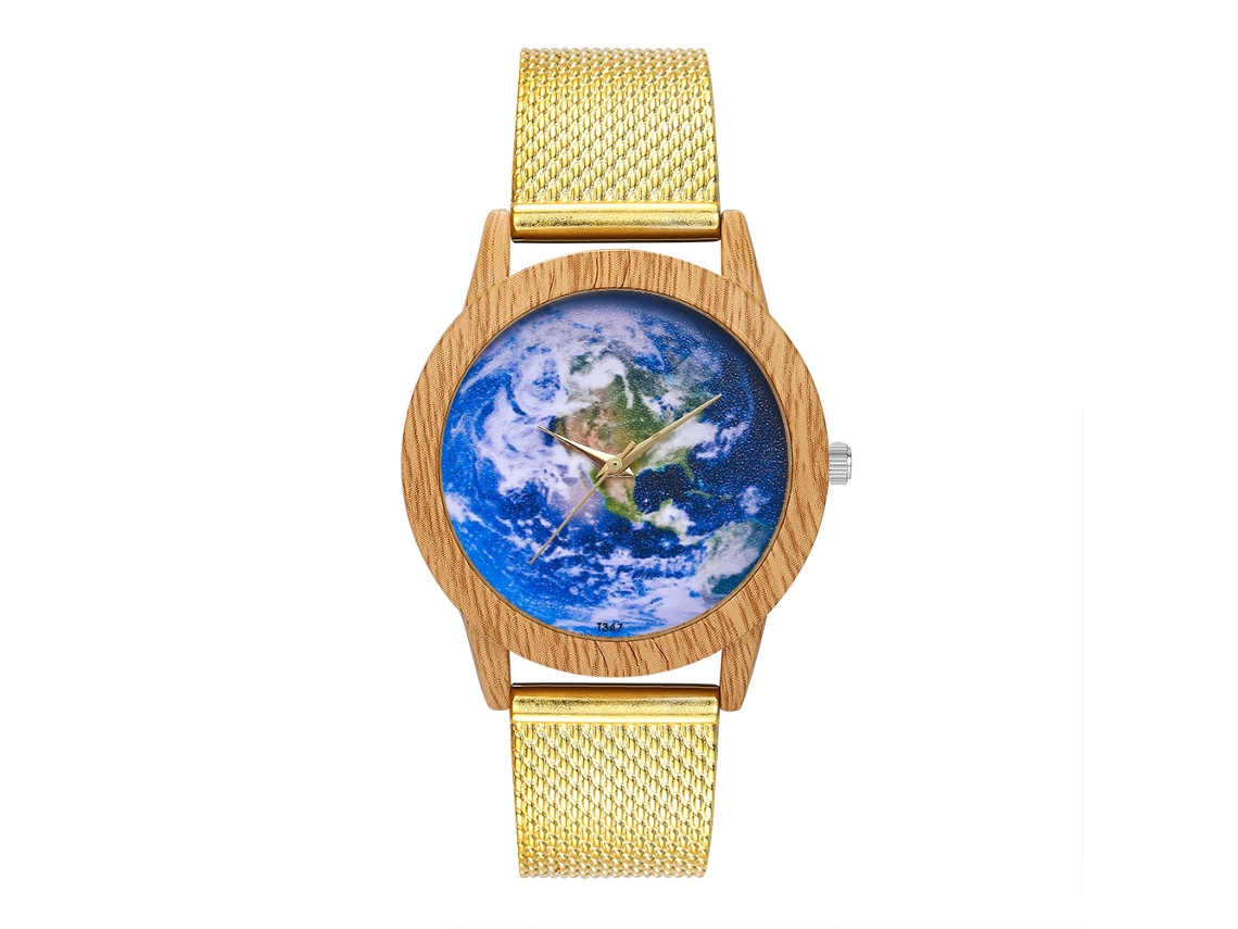 Relógio de quartzo unissex Zhoulianfa com pulseira de silicone, mostrador azul com globo terrestre (dourado)